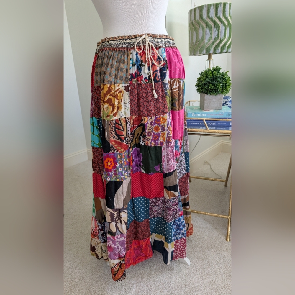 Bohemian Multicolor Patchwork Maxi Skirt with Drawstring Waist